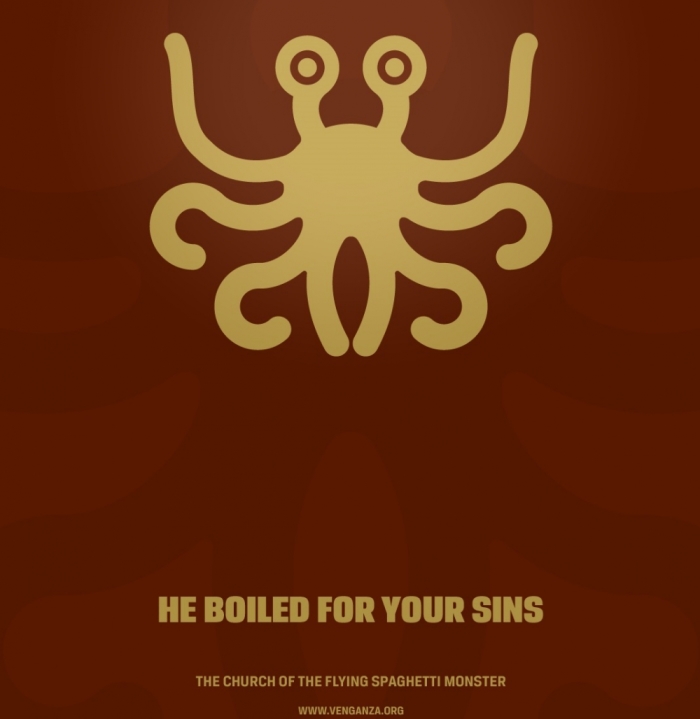Propaganda from the Church of the Flying Spaghetti Monster.