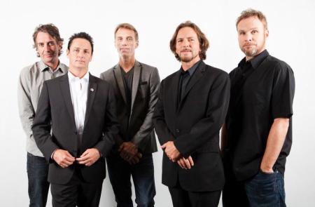 Members of the band Pearl Jam (L-R), Stone Gossard, Mike McCready, Matt Cameron, Eddie Vedder, and Jeff Ament of the film "Pearl Jam Twenty" pose during the 36th Toronto International Film Festival (TIFF) in Toronto, September 10, 2011.