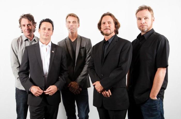 Members of the band Pearl Jam (L-R), Stone Gossard, Mike McCready, Matt Cameron, Eddie Vedder, and Jeff Ament of the film 'Pearl Jam Twenty' pose during the 36th Toronto International Film Festival (TIFF) in Toronto, September 10, 2011.