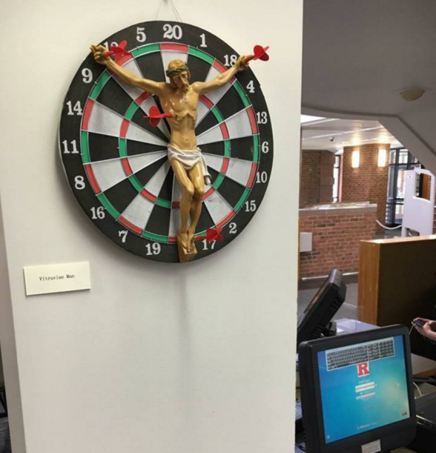 A controversial artwork piece officially called the "Vitruvian Man" was removed from its display at a library at Rutgers University in New Jersey on April 21, 2016.