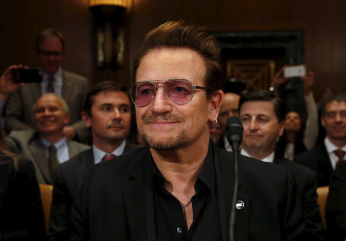 U2 lead singer Bono attends a Senate Appropriations State, Foreign Operations and Related Programs Subcommittee hearing on 'Causes and consequences of violent extremism and the role of foreign assistance' on Capitol Hill in Washington on April 12, 2016.