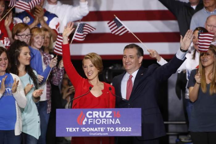 Republican U.S. presidential candidate Ted Cruz holds a campaign rally to announce Carly Fiorina as his running mate in Indianapolis, Indiana, United States April 27, 2016.