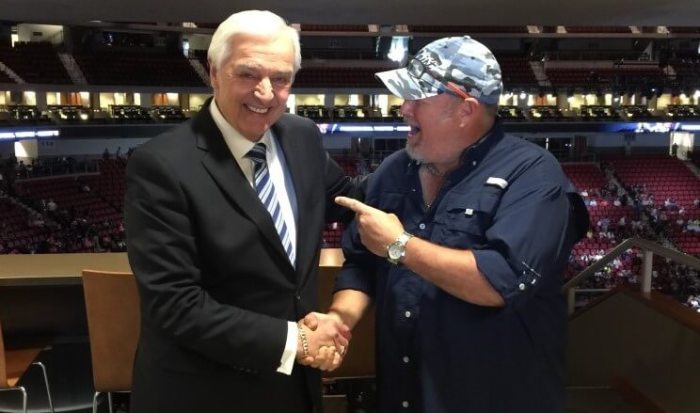 Larry the Cable Guy and Pastor David Jeremiah meet at Stand Up Tour, Lincoln, Nebraska, April 21, 2016.