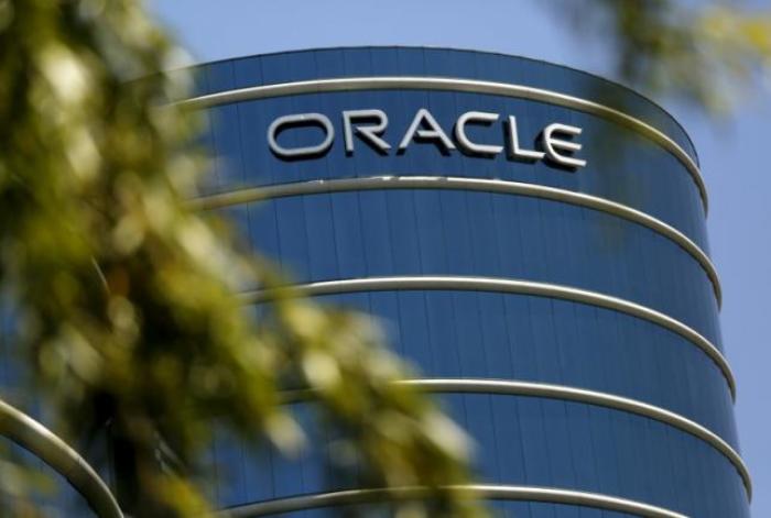 An Oracle logo is seen here at a campus in Redwood City, California.