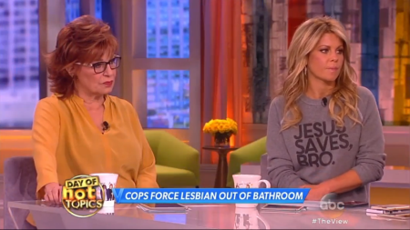 "The View" co-host Candace Cameron Bure sports a shirt imprinted with the phrase "Jesus Saves, Bro" on the popular daytime talk show in New York, New York on April 29, 2016.