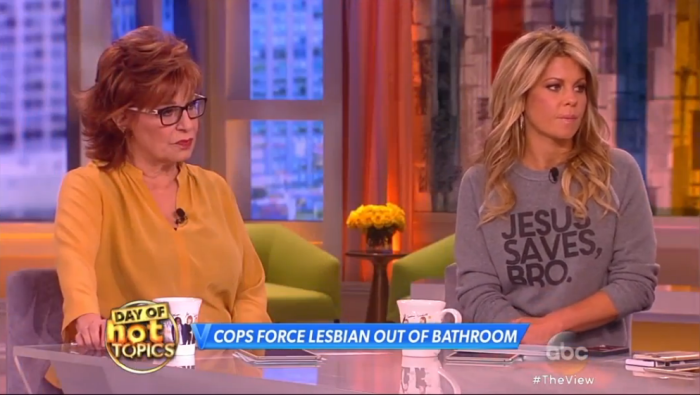 'The View' co-host Candace Cameron Bure sports a shirt imprinted with the phrase 'Jesus Saves, Bro' on the popular daytime talk show in New York, New York on April 29, 2016.