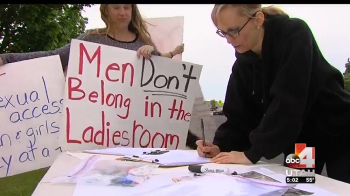 Signs outside the Layton, Utah, Target target store on May 7, 2016, saying men don't belong in women's restrooms.
