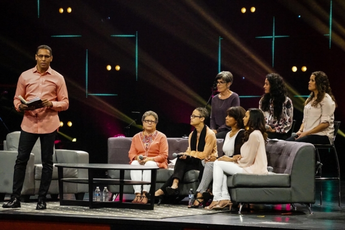 The Rock Church San Diego lead pastor, Miles McPherson (L) with seven of the moms in his life on Mother's Day May 8, 2016. The mothers in his life are, seated on the couch (from L-R) are: McPherson's mother, Margaret 'Gigi' McPherson; his wife Debbie, his sister Margaret and his niece Leah. Seat behind the couch (from L-R) are: his daughter-in-laws mother, Karen Shine; his daughter in law Sammie McPherson and his niece, Mallory McPherson.