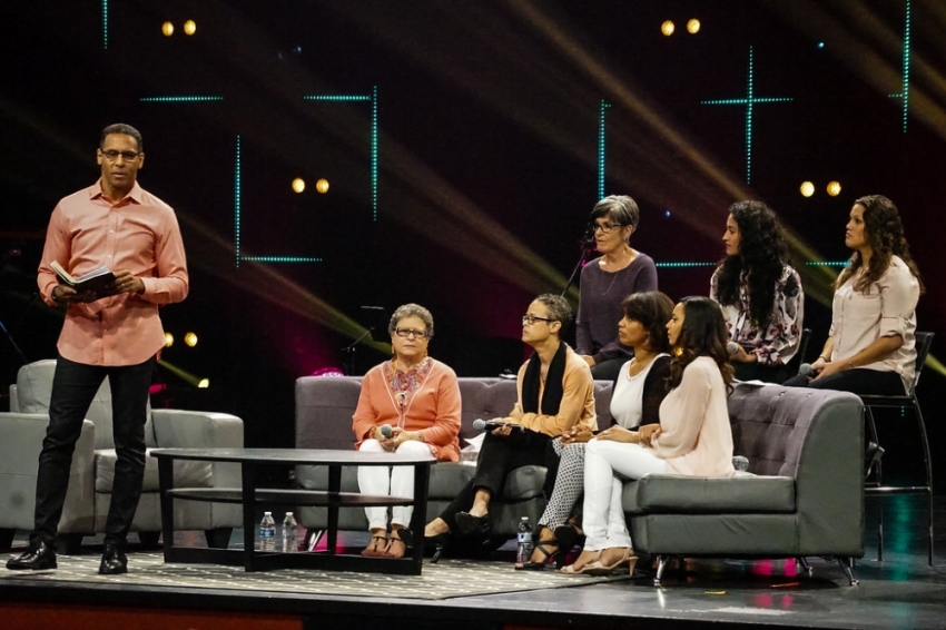 The Rock Church San Diego lead pastor, Miles McPherson (L) with seven of the moms in his life on Mother's Day May 8, 2016. The mothers in his life are, seated on the couch (from L-R) are: McPherson's mother, Margaret