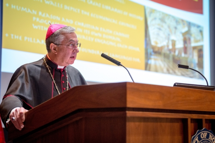 Archbishop Jean-Louis Brugues, archivist and librarian of the Holy Roman Church, gives the keynote address at the conference 'The Promise of the Vatican Library,' an international academic conference highlighting the holdings of the Vatican Library and opportunities for future research, Vatican, Rome, Italy, May 9, 2016.