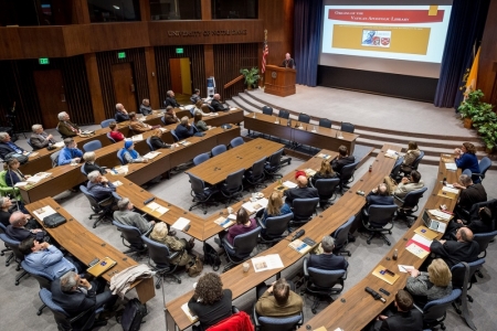 Archbishop Jean-Louis Brugues, archivist and librarian of the Holy Roman Church, gives the keynote address at the conference "The Promise of the Vatican Library," an international academic conference highlighting the holdings of the Vatican Library and opportunities for future research, University of Notre Dame, Indiana, May 9, 2016.