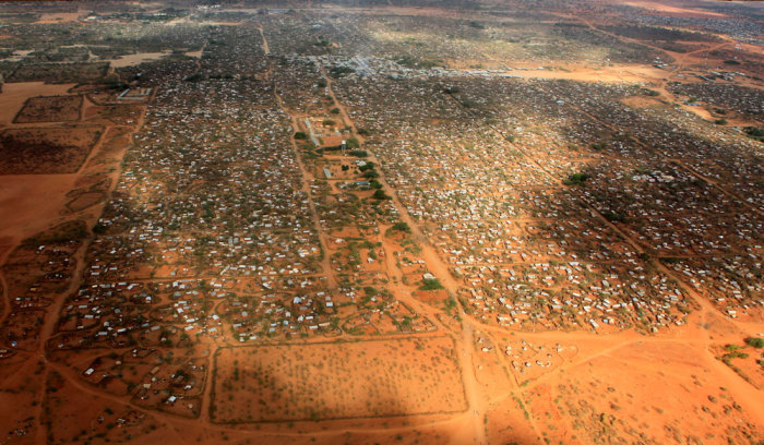 An aerial view shows makeshift shelters at the Dagahaley camp in Dadaab, near the Kenya-Somalia border in Garissa County, Kenya, April 3, 2011.