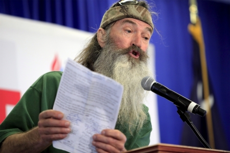 "Duck Dynasty" star Phil Robertson stumps for U.S. Republican presidential candidate Ted Cruz at a rally at Springmaid Resort in Myrtle Beach, South Carolina, February 19, 2016.