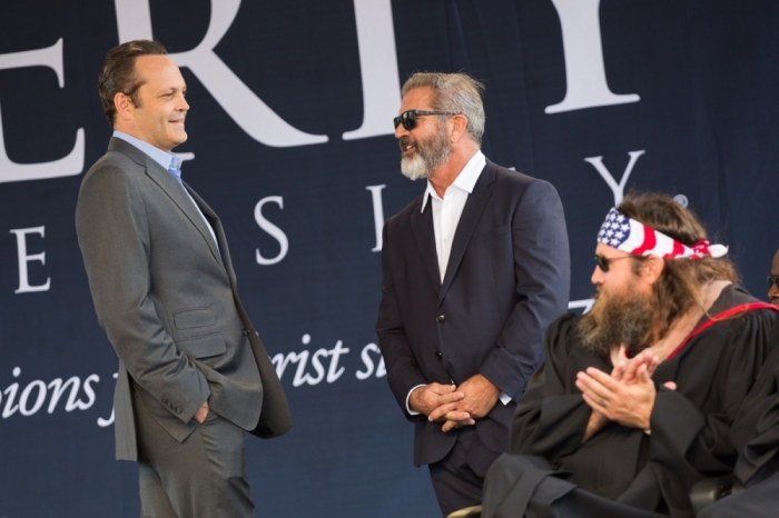 Actors Vince Vaughn, Mel Gibson and 'Duck Dynasty's' Willie Robertson at Liberty University's 43rd Commencement Ceremony on Saturday, May 14, 2016, in Lynchburg, Virginia.