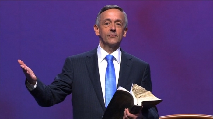 Pastor Robert Jeffress speaking at First Baptist Church in Dallas, Texas, on May 15, 2016.