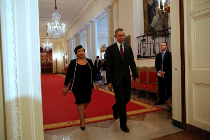U.S. President Barack Obama (R) and Attorney General Loretta Lynch (L) arrive to honor public safety and law enforcement officers at a Medal of Valor ceremony at the White House in Washington, U.S. May 16, 2016.