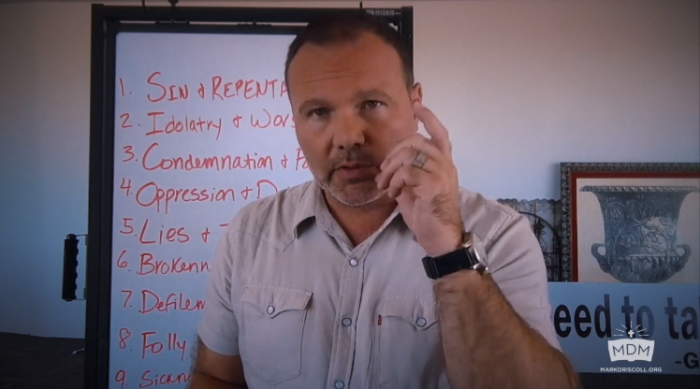 Trinity Church Pastor Mark Driscoll answers a question submitted by a viewer of his video newsletter, Phoenix, Arizona, May 16, 2016.