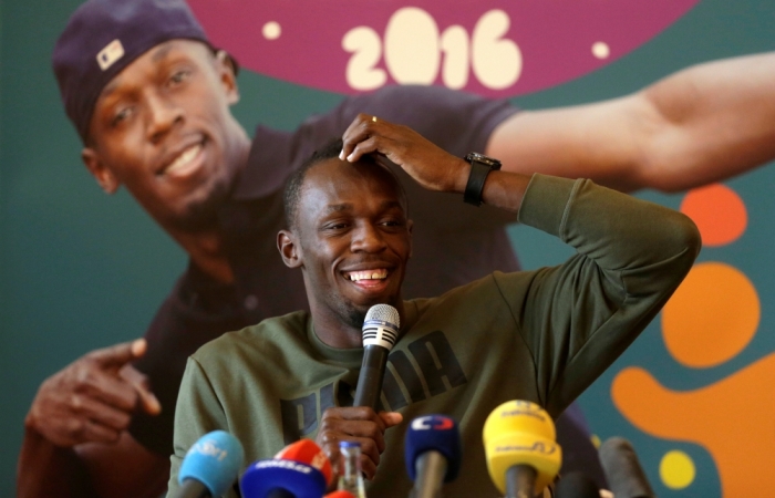 Jamaican sprinter Usain Bolt reacts during a news conference before the Ostrava Golden Spike athletics meeting, in Prague, Czech Republic, May 18, 2016.