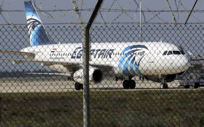 An Egyptair Airbus A320 airbus stands on the runway at Larnaca Airport in Larnaca, Cyprus , March 29, 2016.