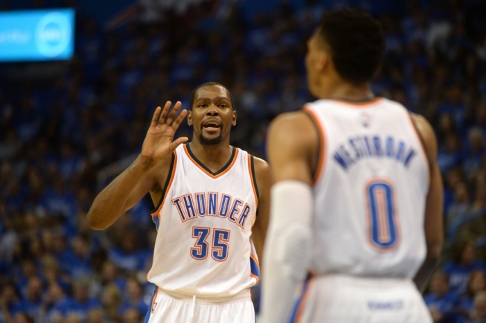Oklahoma City Thunder forward Kevin Durant (35) reacts after a play against the San Antonio Spurs during the third quarter in game six of the second round of the NBA Playoffs at Chesapeake Energy Arena in Oklahoma City, Oklahoma, May 12, 2016.