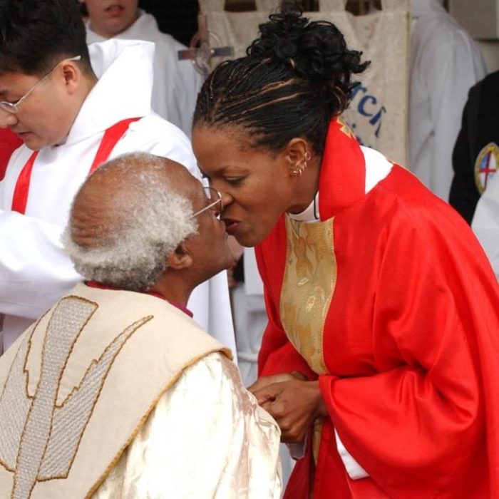 Newly ordained Mpho kisses her father Desmond Tutu after blessing him at Christ Church in Alexandria back in 2004.