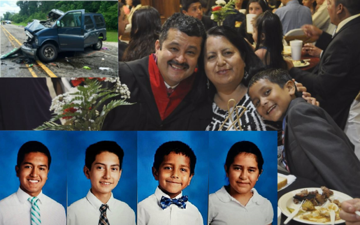 Pastor Israel Avelar, pictured with his wife, Hilda, was killed along with their sons (from bottom L-R) Kevin Avelar, 17; Daniel Avelar, 14, and Matthew Avelar, 6, in a grisly crash in Texas on Saturday, May 21, 2016. His wife and daughter, Kimberly Avelar, 11 (bottom R), are in critical condition while his mother (not in picture) is expected to survive. The family's mangled GMC Savana is pictured in the top left inset.