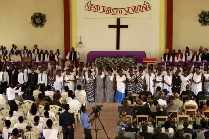 Members of the choir sing hymns during a service led by The Archbishop of Canterbury Justin Welby at the Cathedral Church of Holy Trinity in Burundi's capital Bujumbura, March 3, 2016.