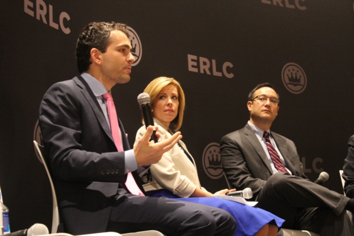 Heritage Foundation's Ryan Anderson (L) speaks during a panel discussion on religious freedom organized by the Southern Baptist Convention's Ethics & Religious Liberty Commission in Washington D.C. on May 23, 2016. Alliance Defending Freedom's Kristen Waggoner (M) and Washington University law professor John Inazu (R) also participated in the discussion.
