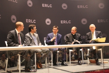(L to R) Phillip Bethancourt, Sheikh Hamza Yusuf, Russell Moore, Archbishop William E. Lori, Elder Dallin H. Oaks on a ERLC panel, "With Liberty and Justice for All: Why We Should Pursue Religious Freedom for Everyone," Washington, D.C., May 23, 2016.