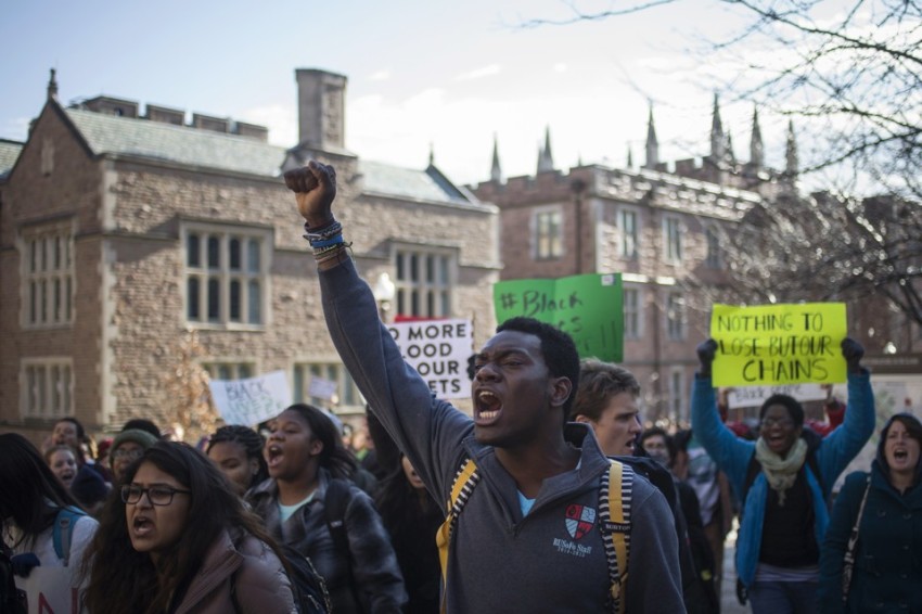 Student activists during a nationwide "Hands up, walk out" protest at Washington University in St. Louis, Missouri.