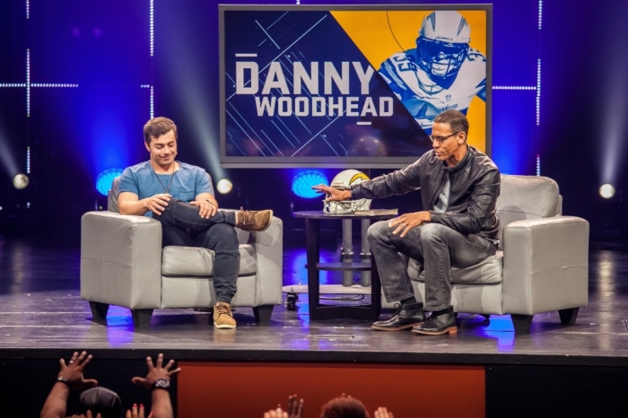NFL Star Danny Woodhead being interviewed by Pastor Miles McPherson of San Diego's Rock Church.