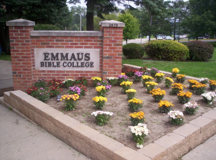 Sign in front of Emmaus Bible College in Dubuque, Iowa
