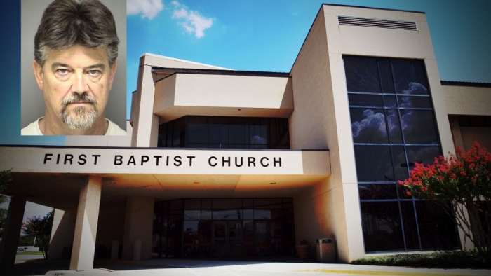 John Franklin Howard (inset) and the First Baptist Church of Carrollton Building in Texas.