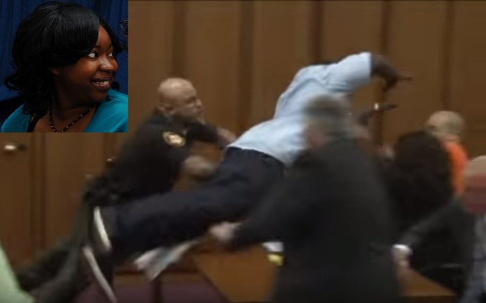 Van Terry, father of murdered 18-year-old Christian, Shirellda Terry (inset) leaps at convicted serial killer, Michael Madison (orange suit) in a Ohio court on Thursday June 3, 2016.
