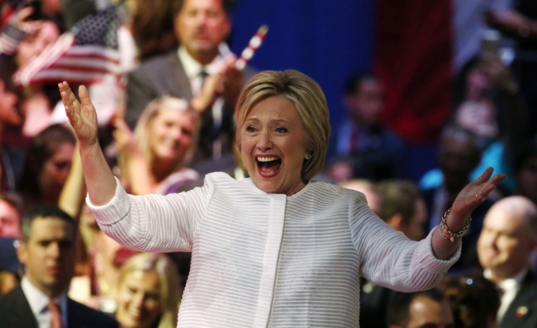 Democratic U.S. presidential candidate Hillary Clinton reacts before speaking at her California primary night rally held in the Brooklyn borough of New York, U.S., June 7, 2016.