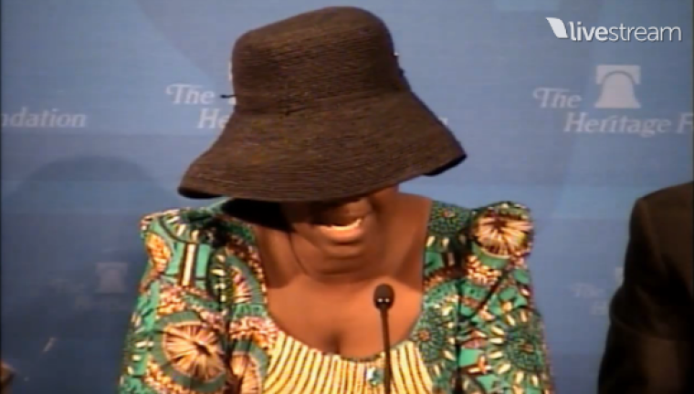 A mother of one of the 276 schoolgirls abducted by Boko Haram from a public girls school in Chibok, Nigeria speaks at a Heritage Foundation event organized by the 21st Century Wilberforce Initiative in Washington, D.C. on June 9, 2016.