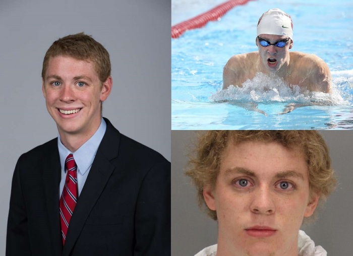Former Stanford swimmer Brock Turner (L). He is shown during a meet against University of the Pacific on January 10, 2015 in Stanford, California at top right. On bottom right Turner who was sentenced to six months in county jail for the sexual assault of an unconscious and intoxicated woman is shown in a Santa Clara County Sheriff's booking photo taken January 18, 2015.