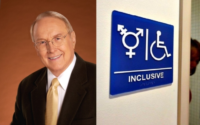 Dr. James Dobson (L) and a transgender bathroom (R)