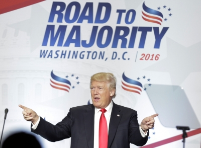 Republican U.S. presidential candidate Donald Trump gestures after addressing The Faith and Freedom Coalition's 'Road To Majority' conference in Washington, U.S., June 10, 2016.