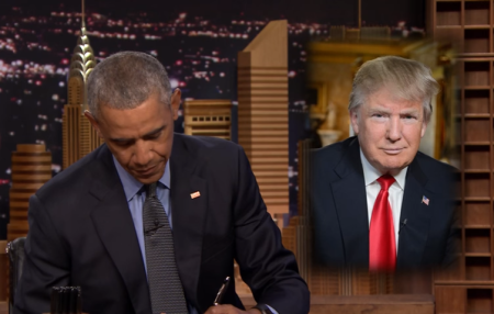President Barack Obama on "The Tonight Show" episode that aired on Thursday June 10, 2016. An image of presumptive Republican presidential nominee, Donald Trump is on his right.