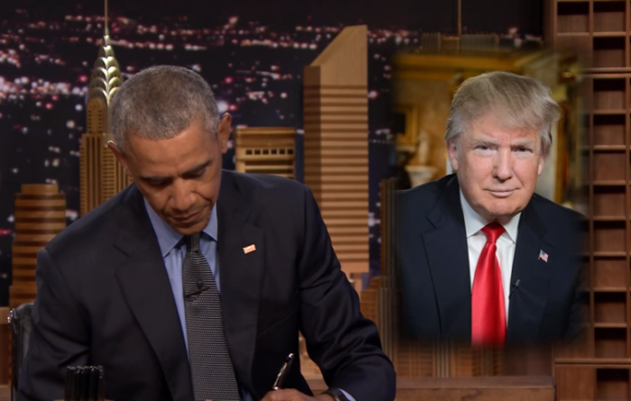 President Barack Obama on 'The Tonight Show' episode that aired on Thursday June 10, 2016. An image of presumptive Republican presidential nominee, Donald Trump is on his right.