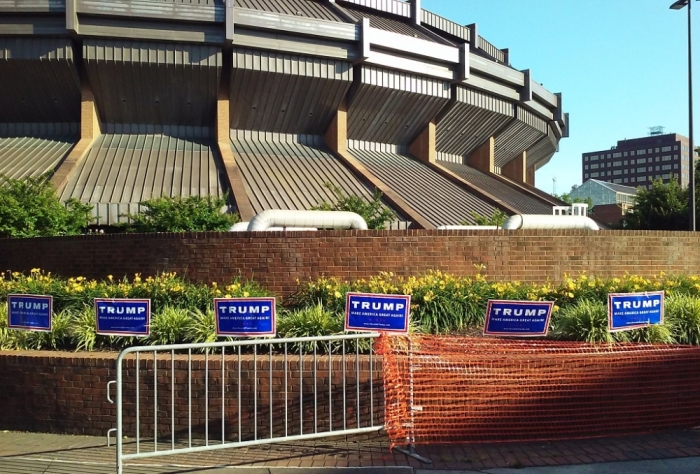 Donald Trump campaign signs dot the exterior of the Richmond Coliseum in Richmond, Virginia for a Trump rally held on Friday, June 10, 2016.