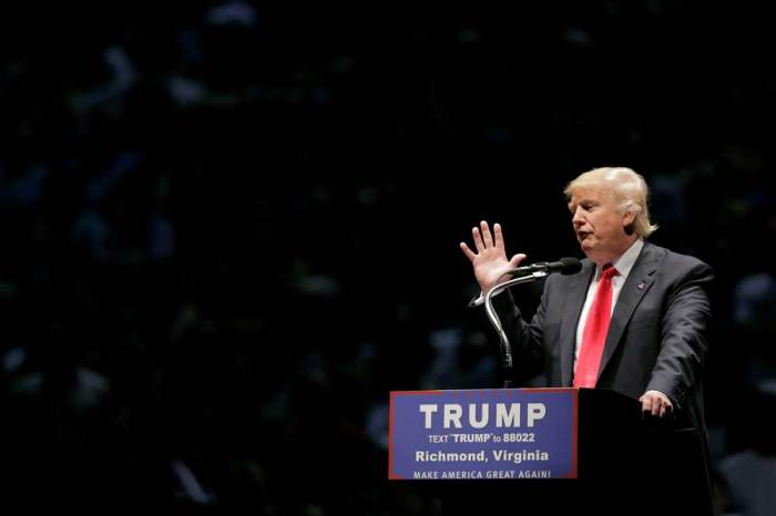 Republican U.S. presidential candidate Donald Trump speaks at a campaign rally at the Richmond Coliseum in Richmond, Virginia, U.S., June 10, 2016.