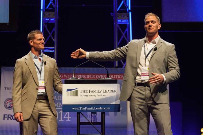Business leaders David (L) and Jason Benham, whose reality show was cancelled following comments against same-sex marriage, speak at the Family Leadership Summit in Ames, Iowa August 9, 2014. The Family Leader, a pro-family Iowa organization, is hosting the event in conjunction with national partners Family Research Council Action and Citizens United.