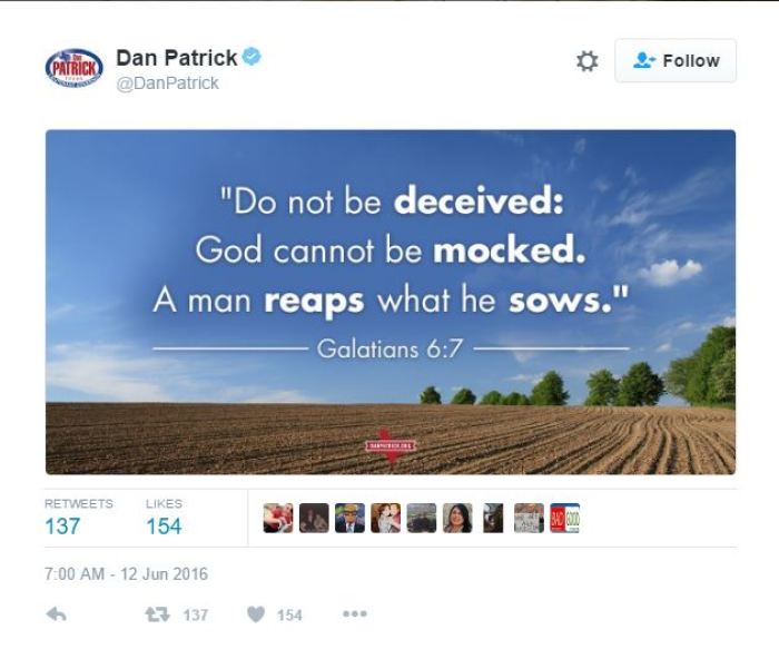 This tweet from Texas' Lt. Gov. Dan Patrick's account was posted a few hours after the Orlando shooting early Sunday June 12, 2016.