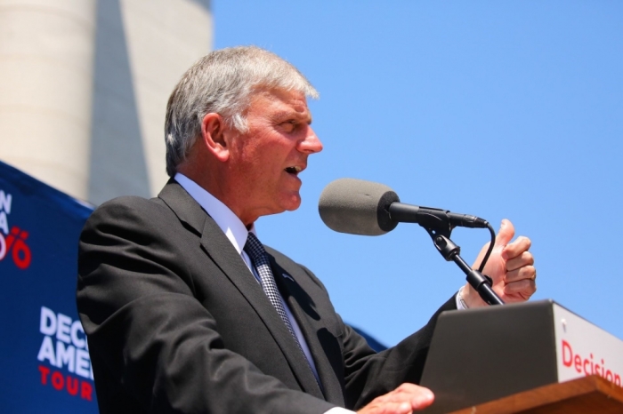 World renowned evangelist Franklin Graham addresses a crowd of nearly 6,000 gathered at the Capitol Square in Madison, Wisconsin during a stop on his Decision America Tour on June 15, 2016.