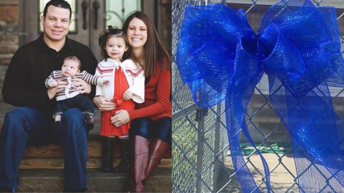Grieving parents Matt and Melissa Graves (L) want the public to honor their 2-year-old son Lane who was killed by an alligator at Disney's Grand Floridian Resort & Spa in Orlando, Florida on Tuesday June 14, 2016 with blue ribbons (R) tied to trees as the prepare to bury him on June 21, 2016.