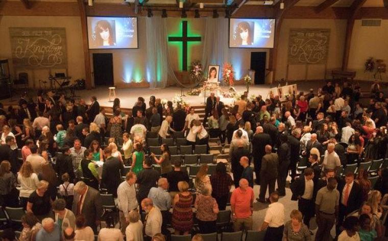 A large crowd attends a memorial service for musician Christina Grimmie at Fellowship Alliance Chapel in Medford, New Jersey, U.S. June 17, 2016.
