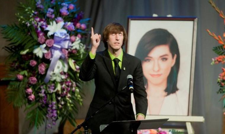 Marcus Grimmie, brother of musician Christina Grimmie, tells his sister that he loves her as he speaks during a memorial service held for the singer at Fellowship Alliance Chapel in Medford, New Jersey, U.S. June 17, 2016.