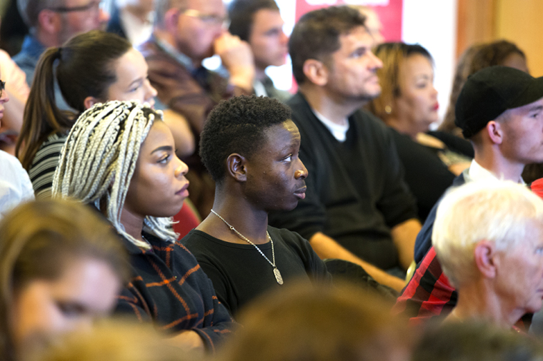 Attendees listen to evangelist Will Graham speak at one of five churches during a recent trip to Norway to spread the Gospel.